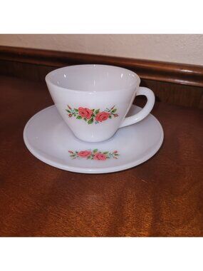 Vintage Fire King Milk Glass Red Rose Flower Teacup/Coffee Cup & Saucer